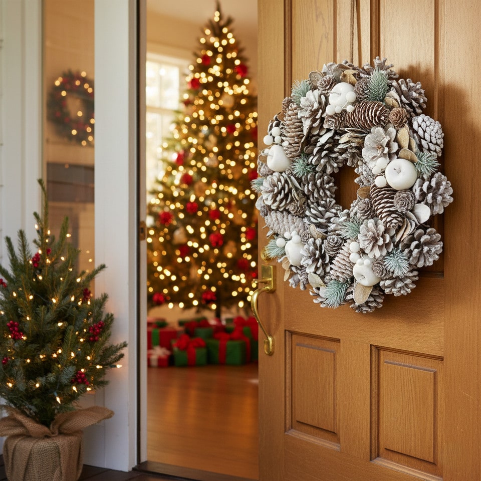 image 1 of Christmas Wreath Festive Decoration with Jute Hanger Traditional Pinecone Decor | Multi | Frosted White | 25cm | 1