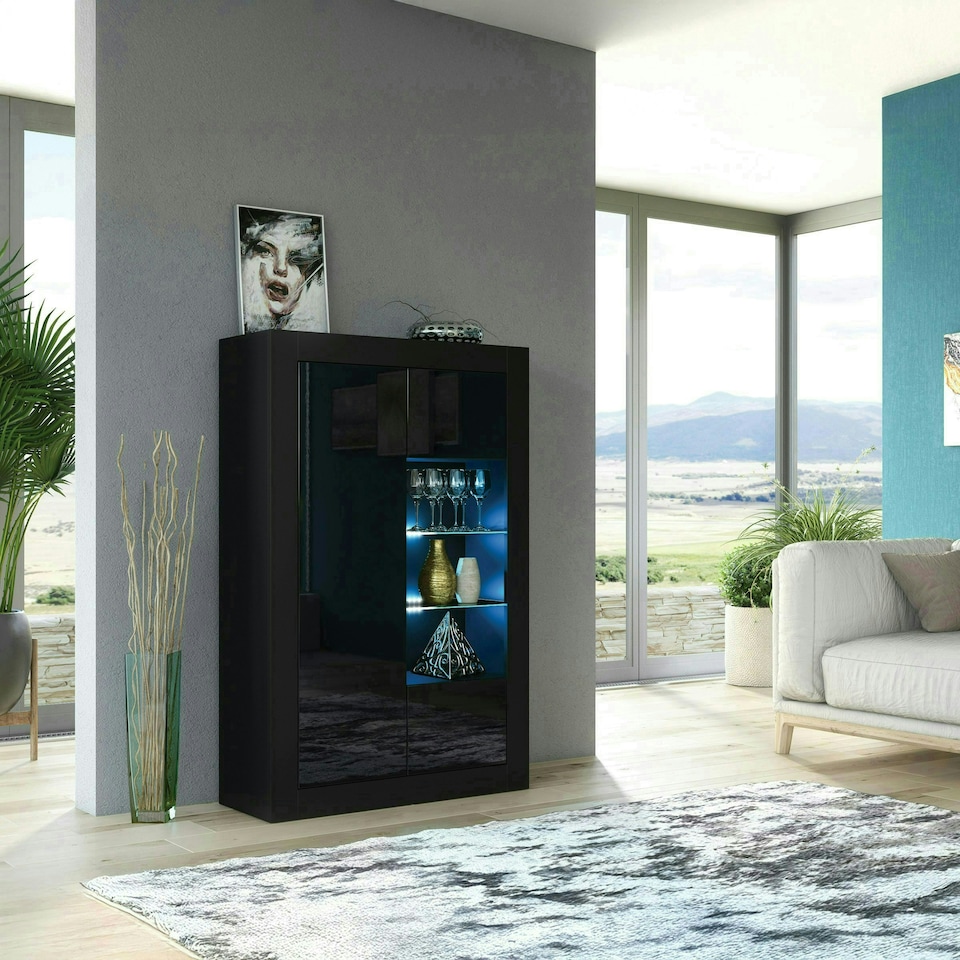 image 1 of Black Display Cabinet 93cm Gloss Doors Free LED Modern Storage Unit | Black