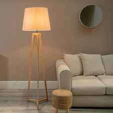 ValueLights Lottie Natural Wood Tripod Floor Lamp with Pink Fabric Tapered Shade and LED Bulb