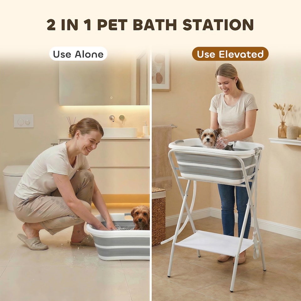 image 1 of PawHut 27L Dog Bath Tub Foldable Pet Bathtub with Stand Grey