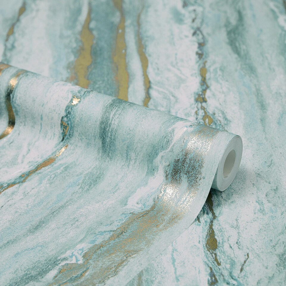 image 1 of Zurich Metallic Wallpaper in Turquoise and Metallic Gold Multi