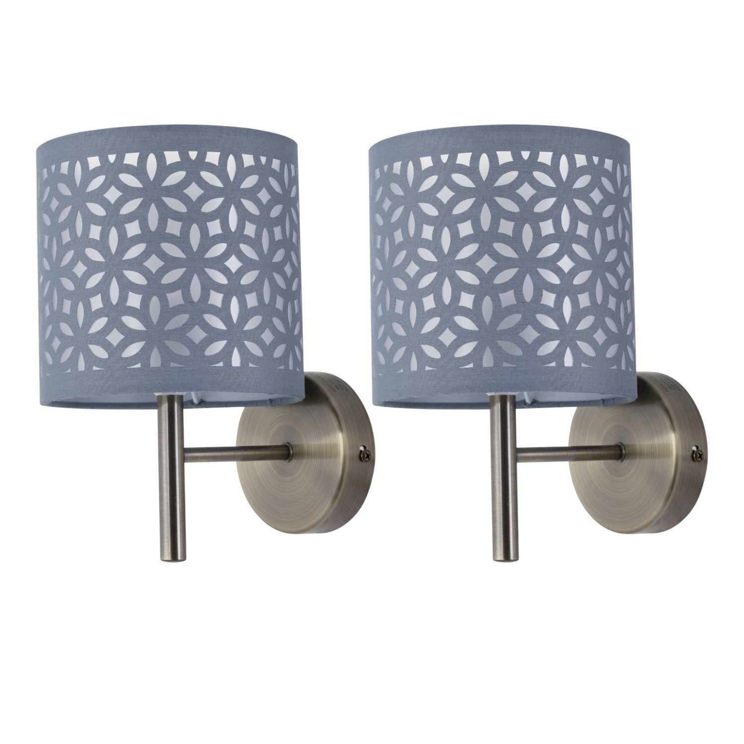 First Choice Lighting Set of 2 Brea - Antique Brass Wall Lights with Grey Cut Out Shade in Gold