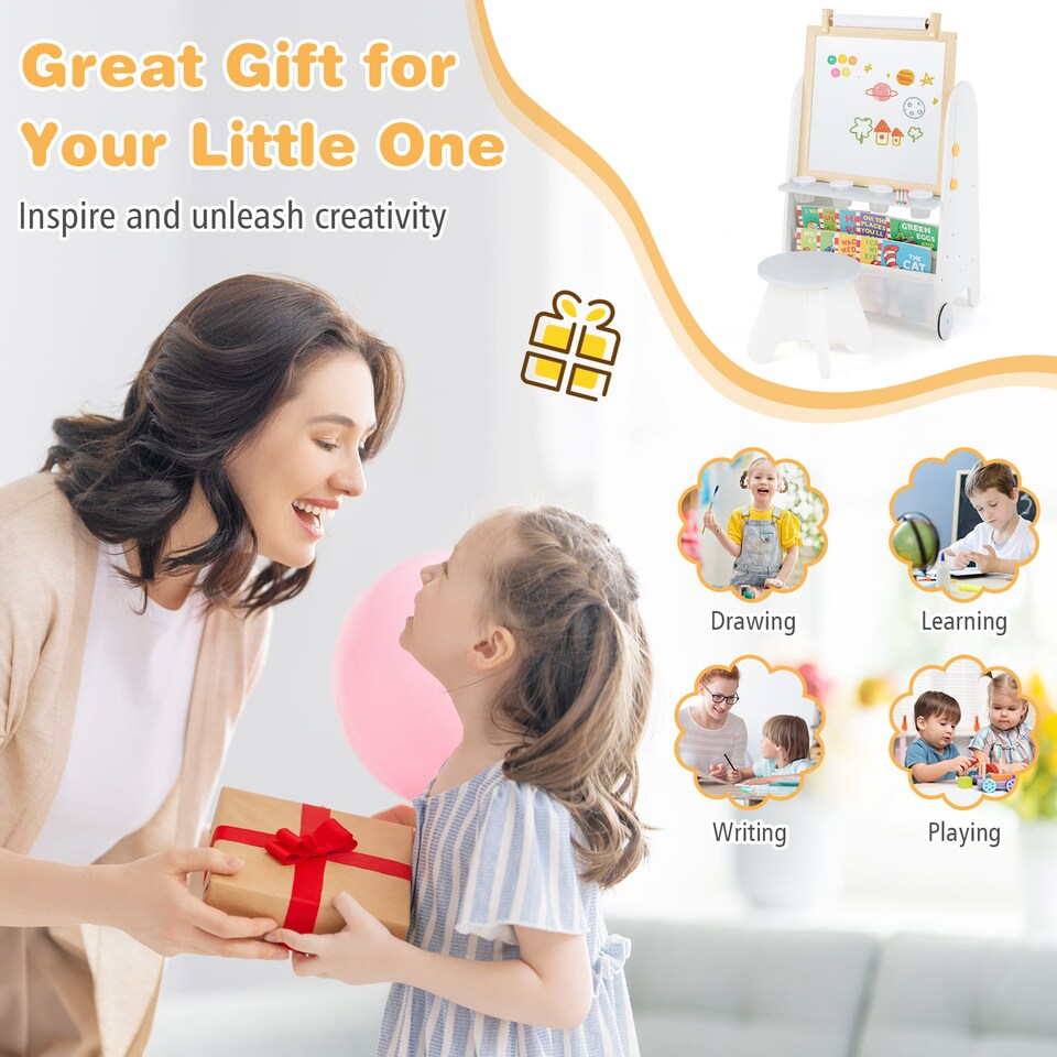 image 1 of COSTWAY Kids Art Easel 4-in-1 Toddler Activity Table Set w/ Whiteboard White