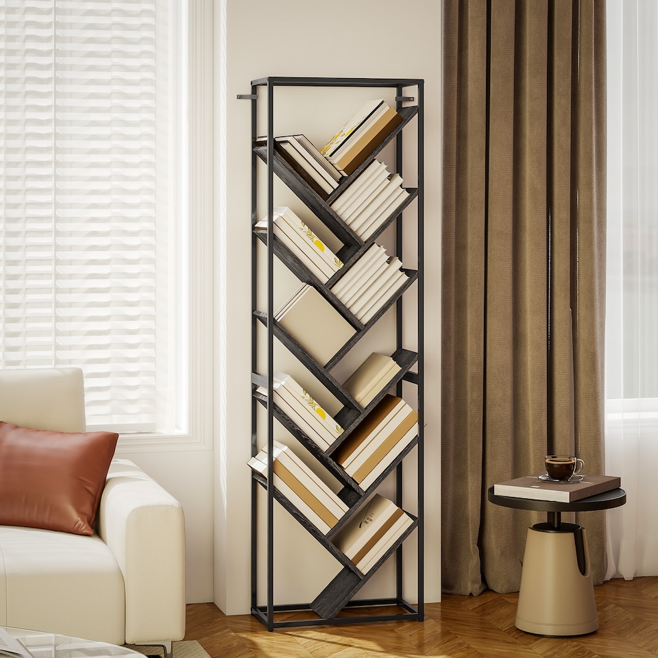 image 1 of HOMCOM Tree Bookshelf, 10 Tier Floor Standing Bookcase, Industrial Tall Display Storage Shelving Unit for Living Room, Home Office, Bedroom, Grey and Black | Black | Grey and Black