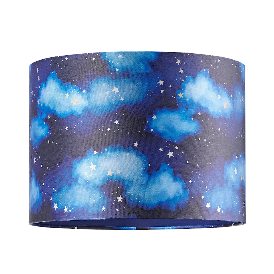 image 1 of Modern Navy Blue Childrens Lamp Shade with Bright Gold Stars and White Clouds | Blue | 10"