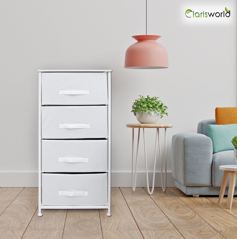 image 1 of Clarisworld 4 Drawer Storage Tower Dresser with Wood Top, Sturdy Steel Frame & Laminated Fabric Drawers, Storage Organiser Unit for Bedroom, Hallway, Entryway, Closet & Office