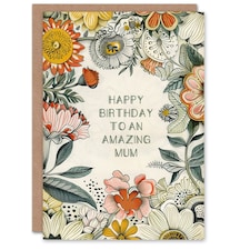 Mum Happy Flower Bouquet Peony Daisies Sunflowers Botanical Her Birthday Card