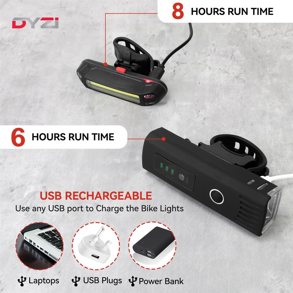image 1 of Dyzi Bike Bicycle Light Set USB Rechargeable 4 Modes with Daylight Sensor By DYZI