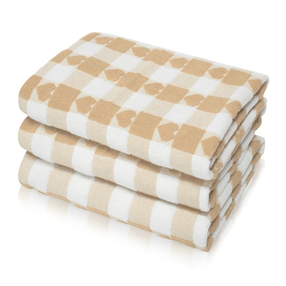 image 1 of Velosso Hearts Check Cotton Tea Towel 3 Pack Cream | Beige | One size