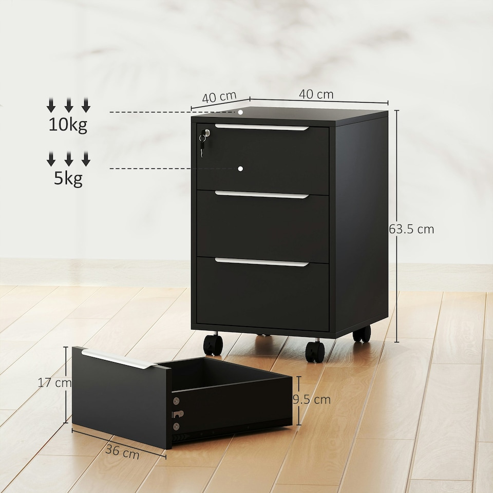 image 1 of HOMCOM Modern 3-Drawer Locking File Cabinet Mobile Filing Cabinet Grey White Black