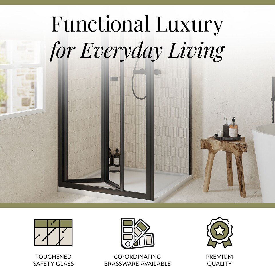image 1 of Balterley Square Bi-Fold Shower Suite & Safety Glass Door, Side Panel Tray Polished Frame & Tray | Black | Matt Black | 3