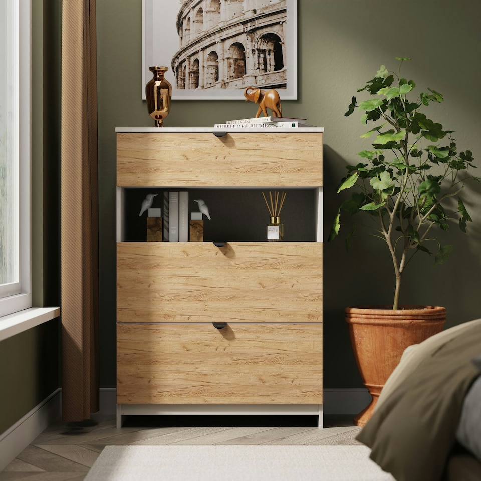 image 1 of Norway 3 Drawer Chest with Open Shelf in Gold Craft Oak and Kashmir Cream | Golden Oak
