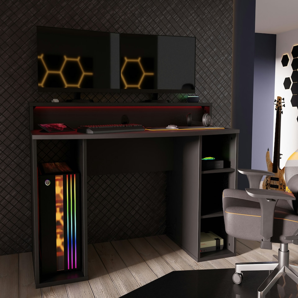 image 1 of Tezaur Black Gaming Desk with Colour Changing LED