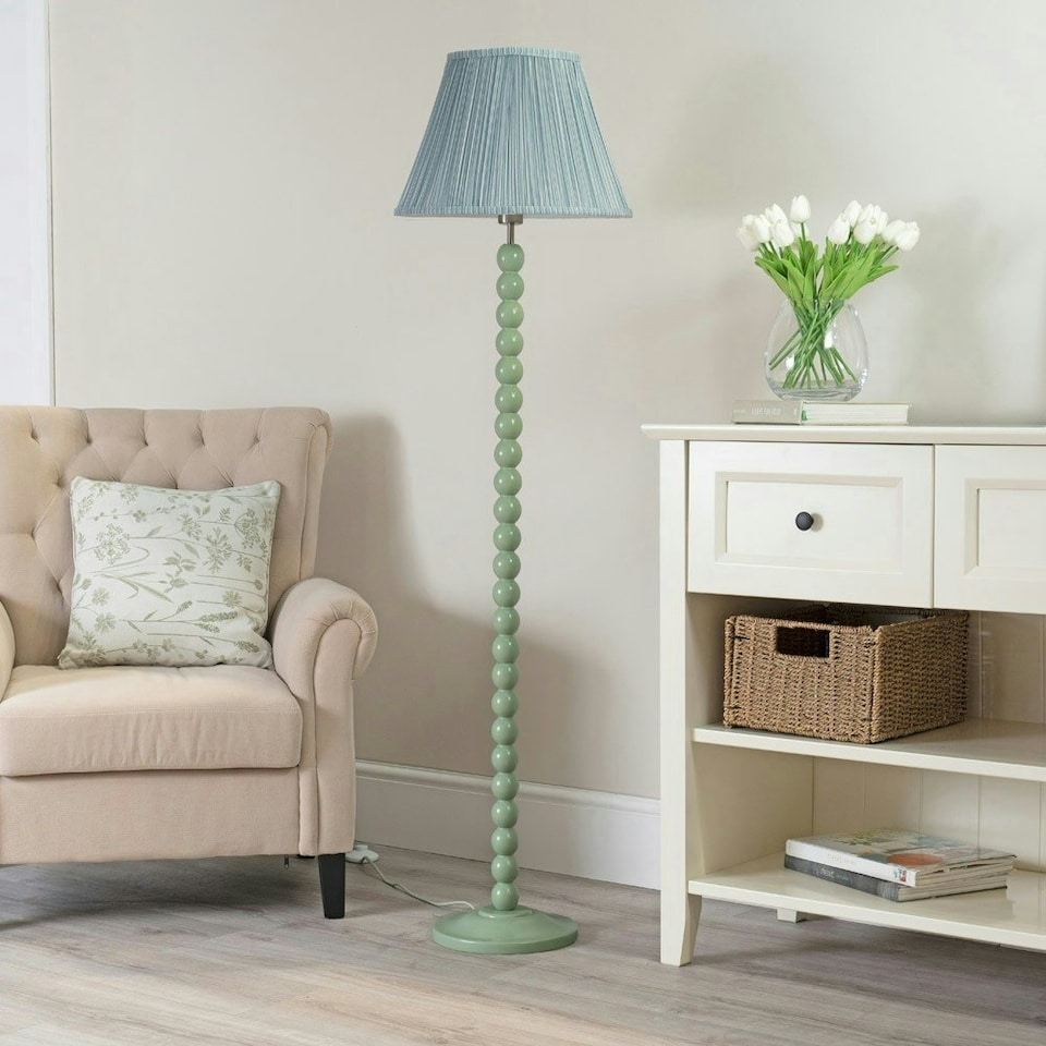 image 1 of ValueLights Bobbles Sage Green Bobbin Floor Lamp with Blue Pleated Shade Green