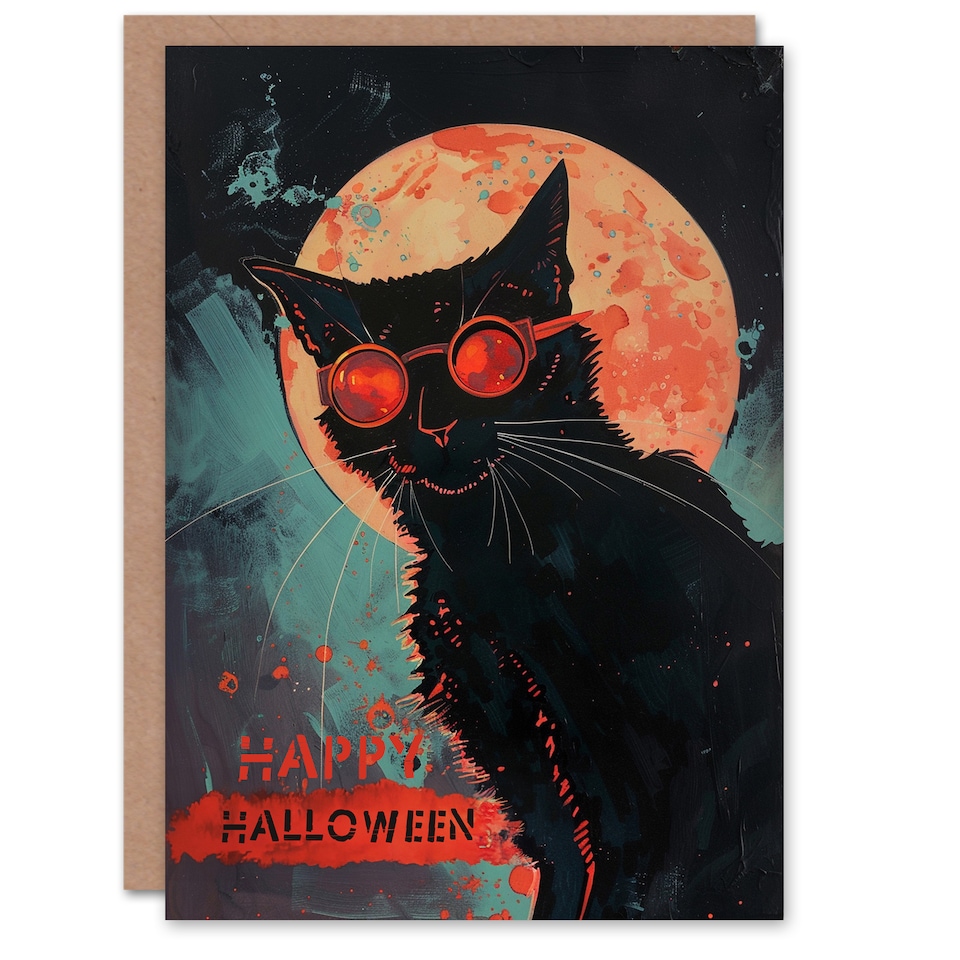 image 1 of Goggles Kitty Moon Cat Lover Vintage Pulp Sci Fi Halloween Card