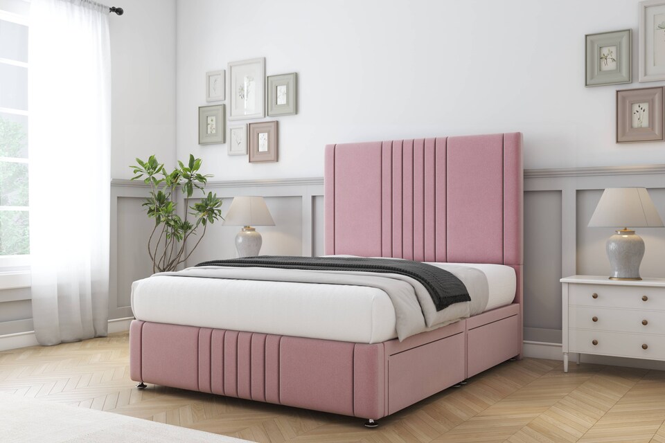 image 1 of Sloomy Harrington Pink Plush Divan Bed Base 2 Drawers Right Side With 54 Inch Floor Standing Headboard & 12 Inch Matching Footboard | Pink | Pink | Double | 1