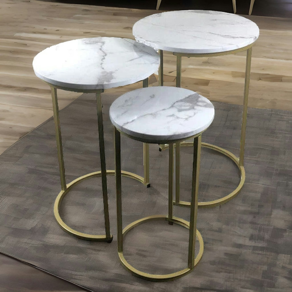 image 1 of Set Of 3 Gold Nesting Tables With Faux Marble Top White
