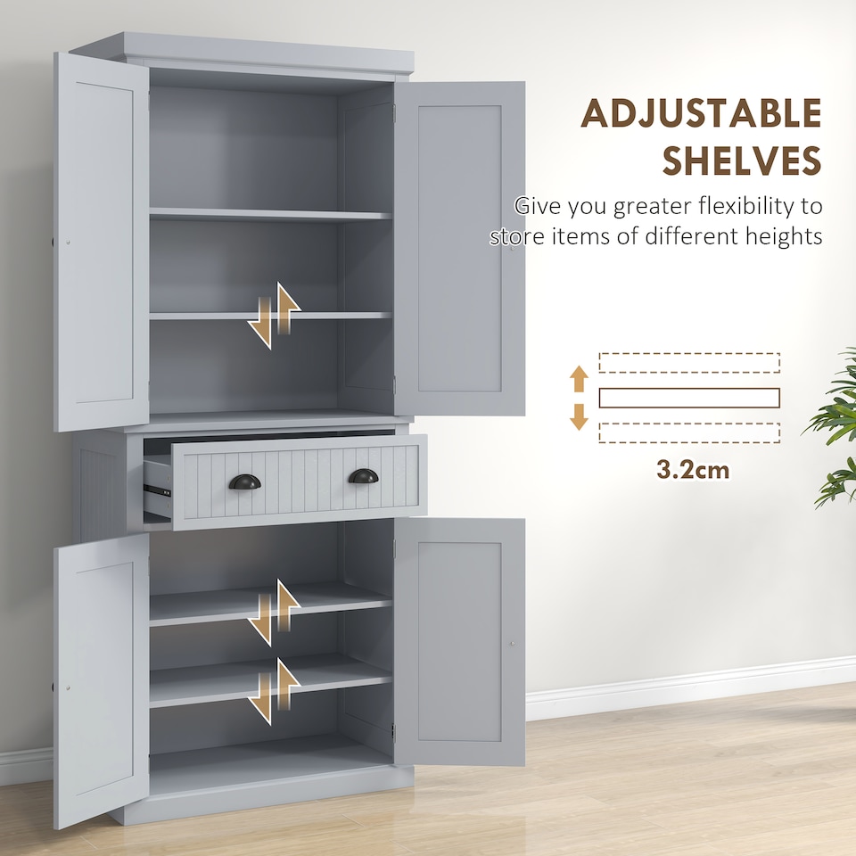 image 1 of HOMCOM 183cm Tall Kitchen Cupboard, Kitchen Pantry Cabinet with Drawer, 3 Adjustable Shelves and 4 Doors, Freestanding Storage Cabinet for Dining Room, Living Room, Grey