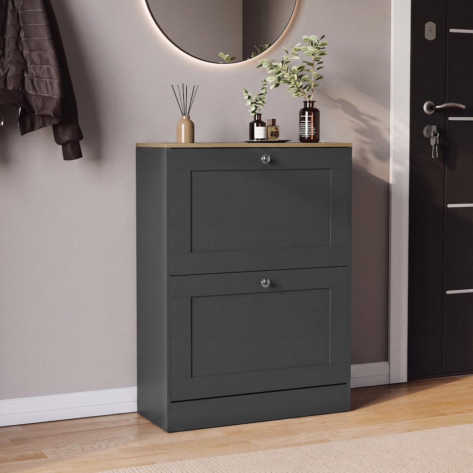 image 1 of Vida Designs Altino 2 Drawer Hallway Storage Shoe Cabinet Organiser - Charcoal Grey & Oak
