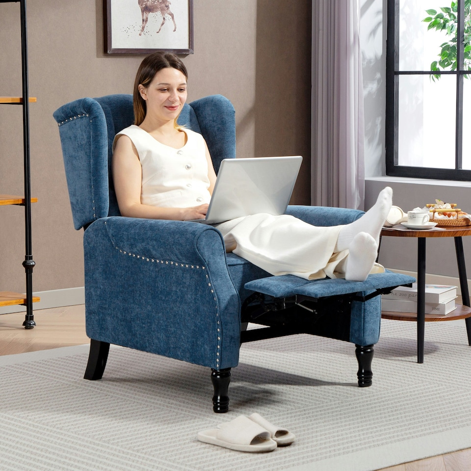 image 1 of HOMCOM Manual Reclining Armchair Recliner with Footrest Royal Blue Blue