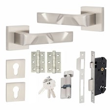 Golden Grace Modern Nova Euro Lock Door Handles in Satin Nickel Finish with 70mm Key, Thumbturn Barrell and Ball Bearing Hinges | Grey | 1 Set