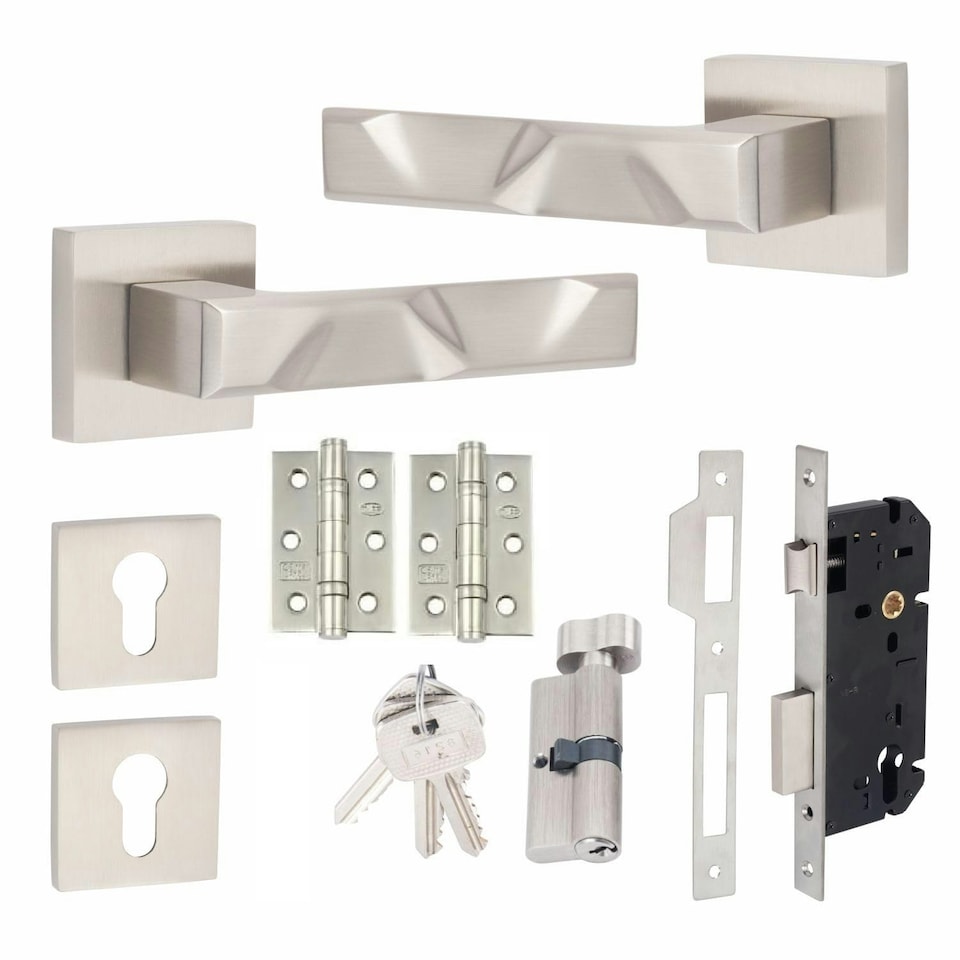image 1 of Golden Grace Modern Nova Euro Lock Door Handles in Satin Nickel Finish with 70mm Key, Thumbturn Barrell and Ball Bearing Hinges | Grey | 1 Set
