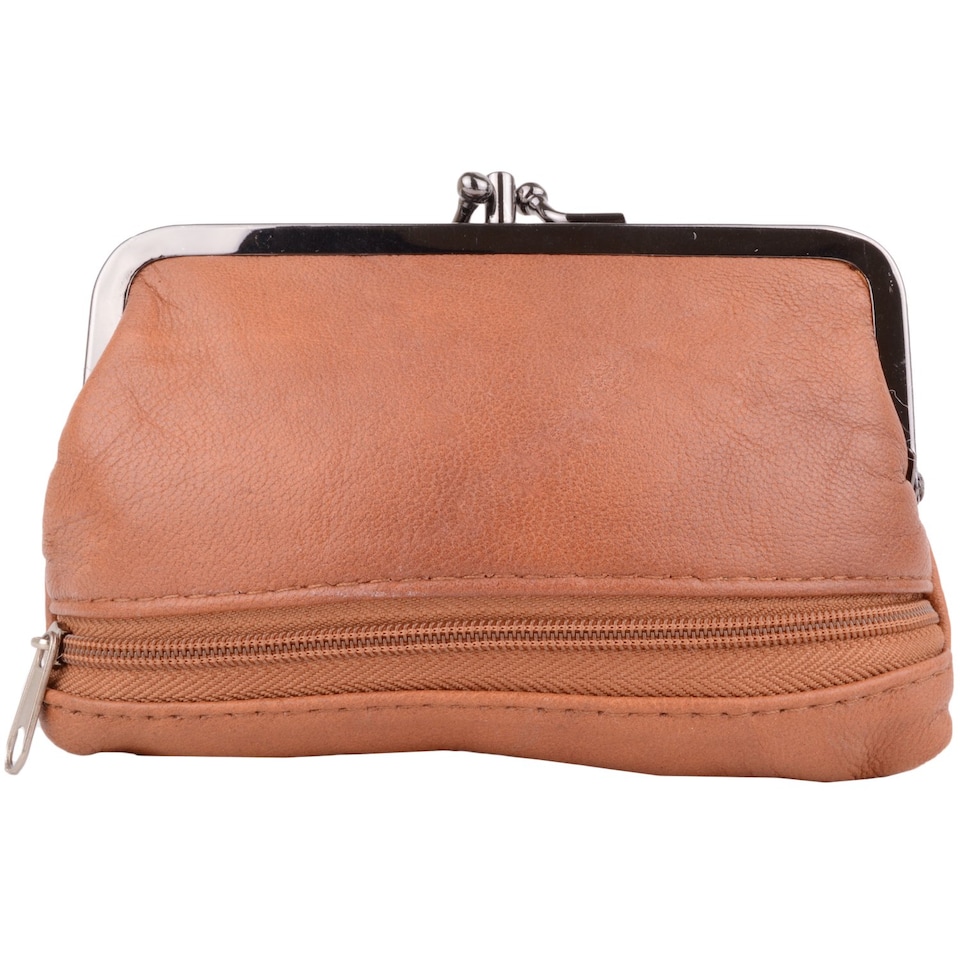 image 1 of Lorenz Womens Super Soft Nappa Leather Double Clip Frame Purse/Coin Holder | Brown | Tan