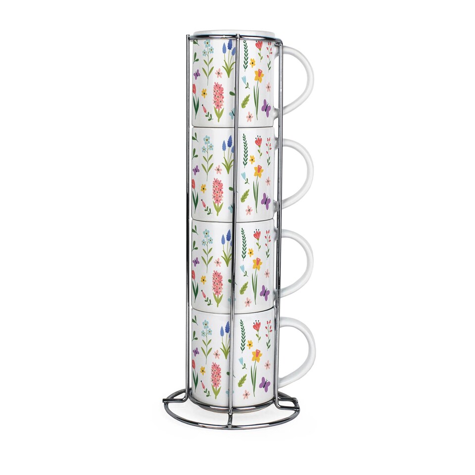 image 1 of Spring Flowers Stacking Mugs  - Wildflower Meadow Ceramic Tea/Coffee Cups -  Mug Gift Set with Metal Stand/Holder Set of 4 | White