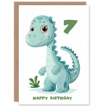 Cute Dinosaur Cartoon Age 7 Year Old Girl Child Kids 7th Birthday Card