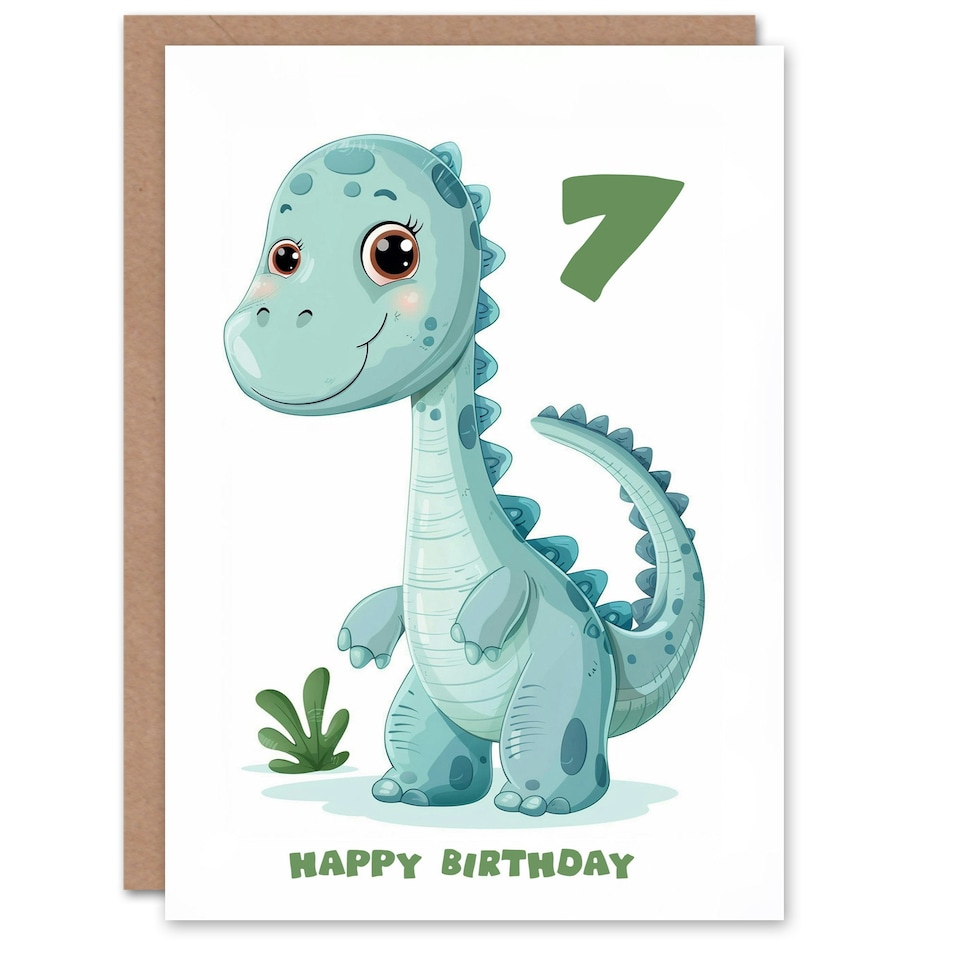 image 1 of Cute Dinosaur Cartoon Age 7 Year Old Girl Child Kids 7th Birthday Card