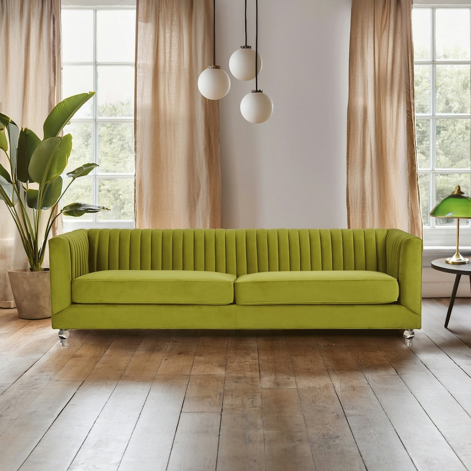image 1 of Modern Design 3 Seat Green Velvet Sofa, Moss Velvet Upholstered Mid Century Sofa, Luxurious 3 Seater Couch Green