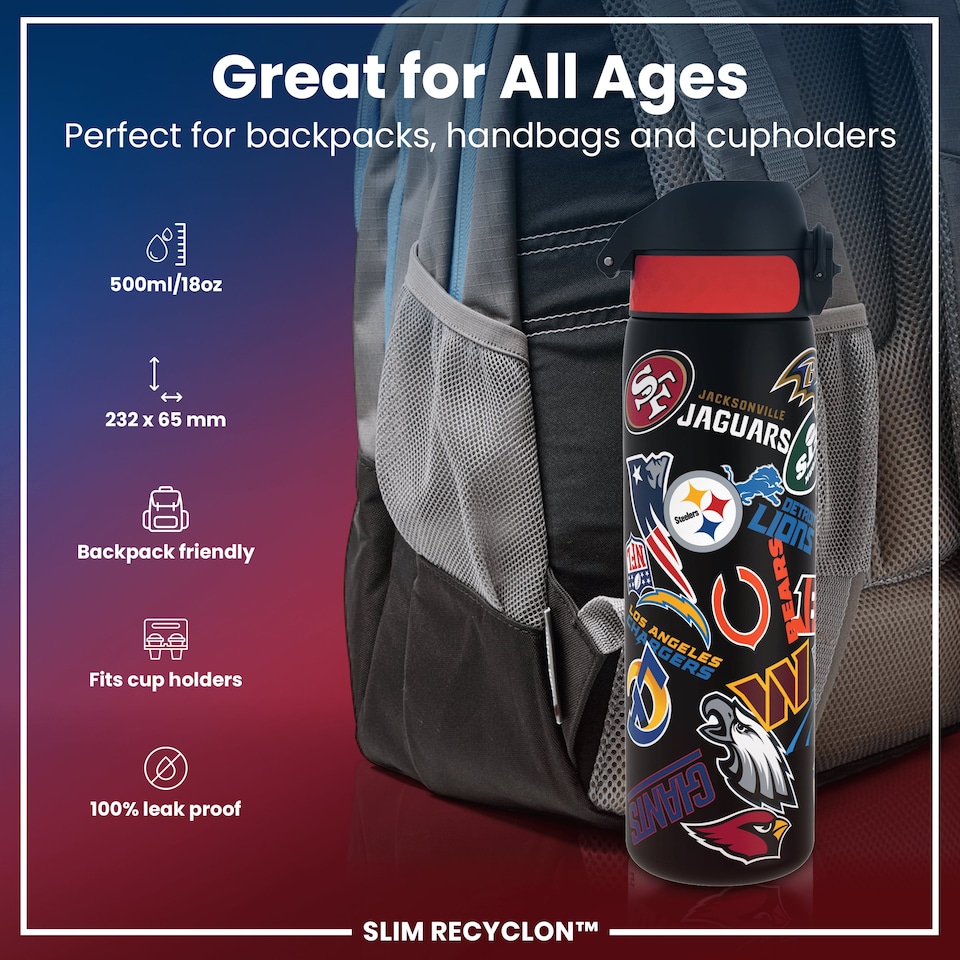 image 1 of Leak Proof Slim Water Bottle, BPA Free, NFL, 500ml (18oz) | Black | NFL Patch Logos | One Size