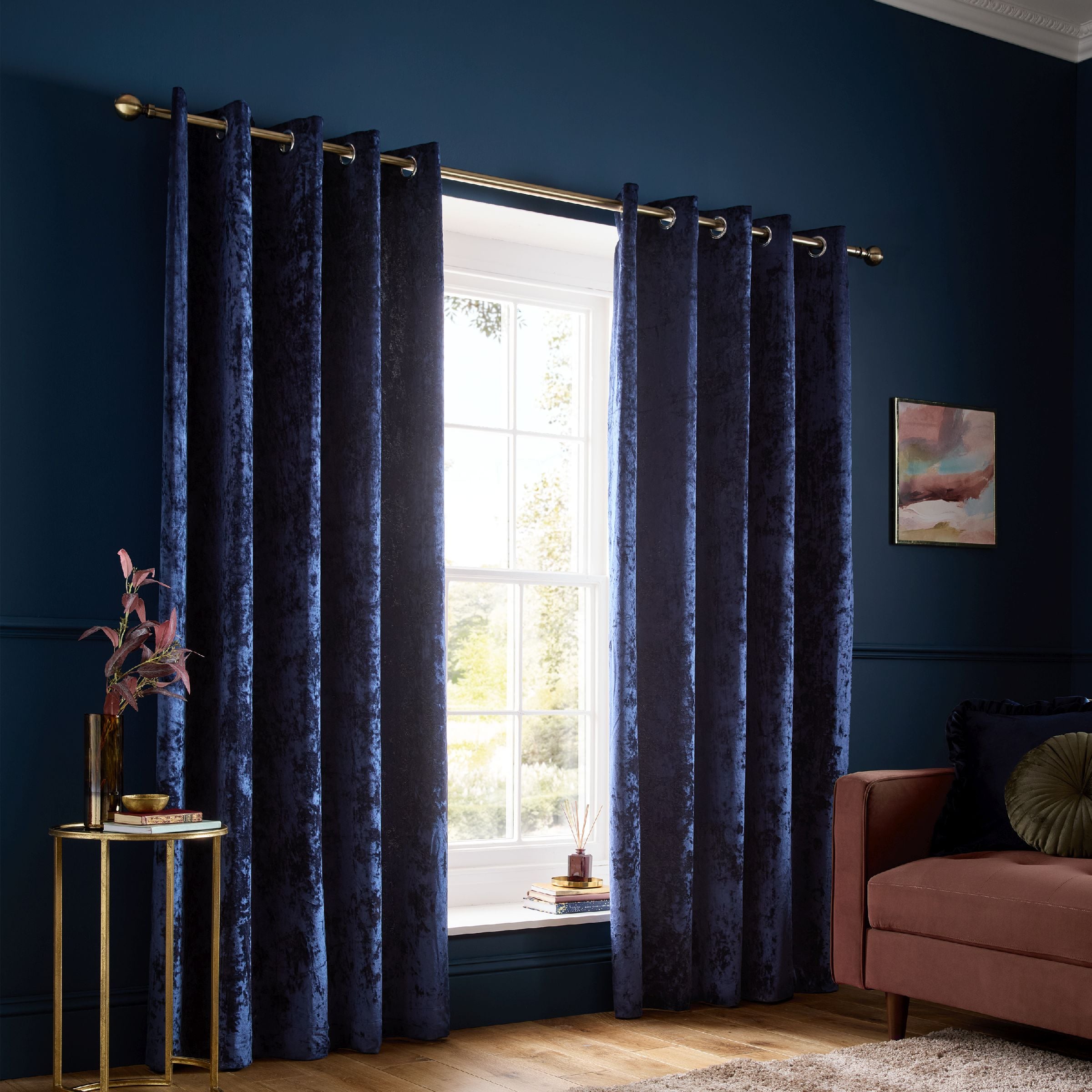 Catherine Lansfield 'Crushed Velvet' Lined Eyelet Curtains in Navy | Size: 117 cm width x 183 cm drop