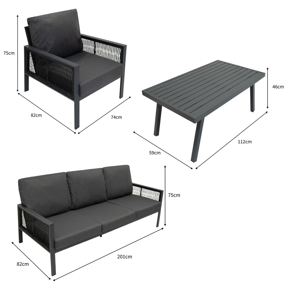 image 1 of Aluminium 4 Piece Sofa Set with Black Rattan Storage Box - Anthracite Grey