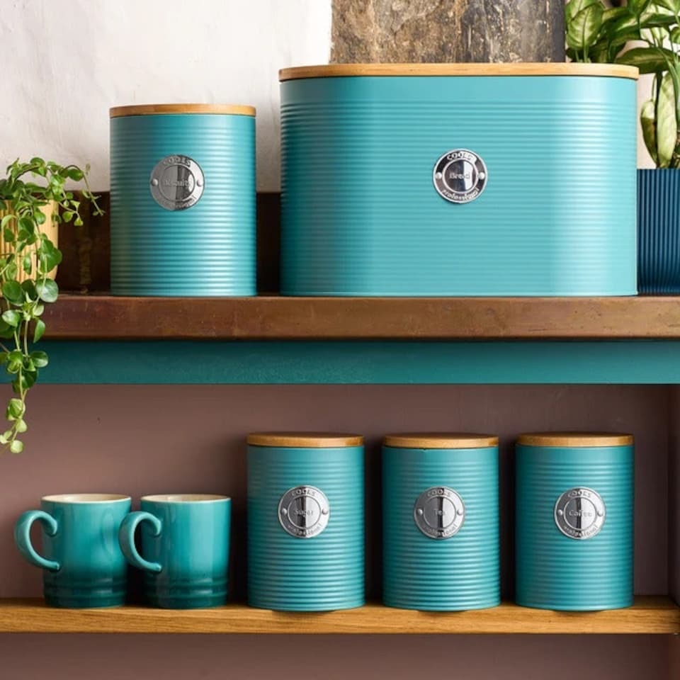 image 1 of Cooks Professional 5 Piece Ribbed Tea, Coffee, Sugar, Biscuit & Bread Cannisters with Bamboo Lids | Stainless Steel Kitchen Storage Bins | Teal & Silver