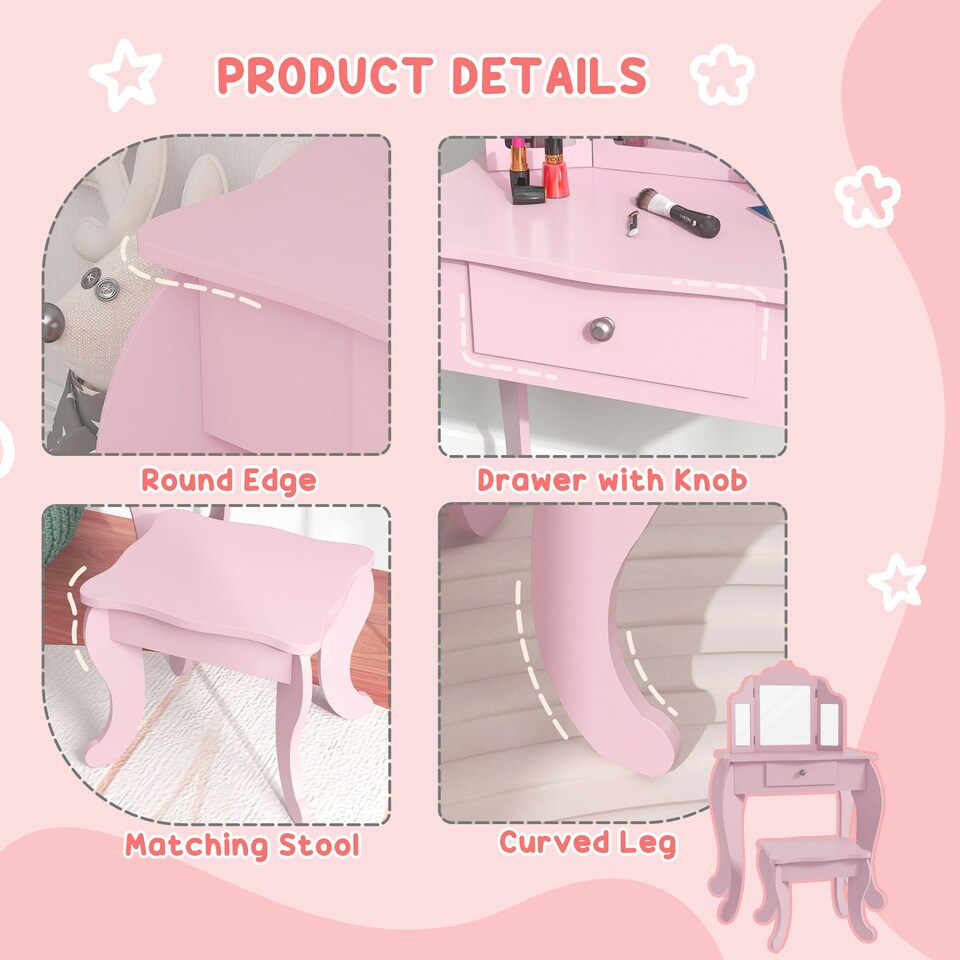 image 1 of HOMCOM Makeup Dressing Table Set with Tri-Folding Mirror and Drawer, Pink Pink