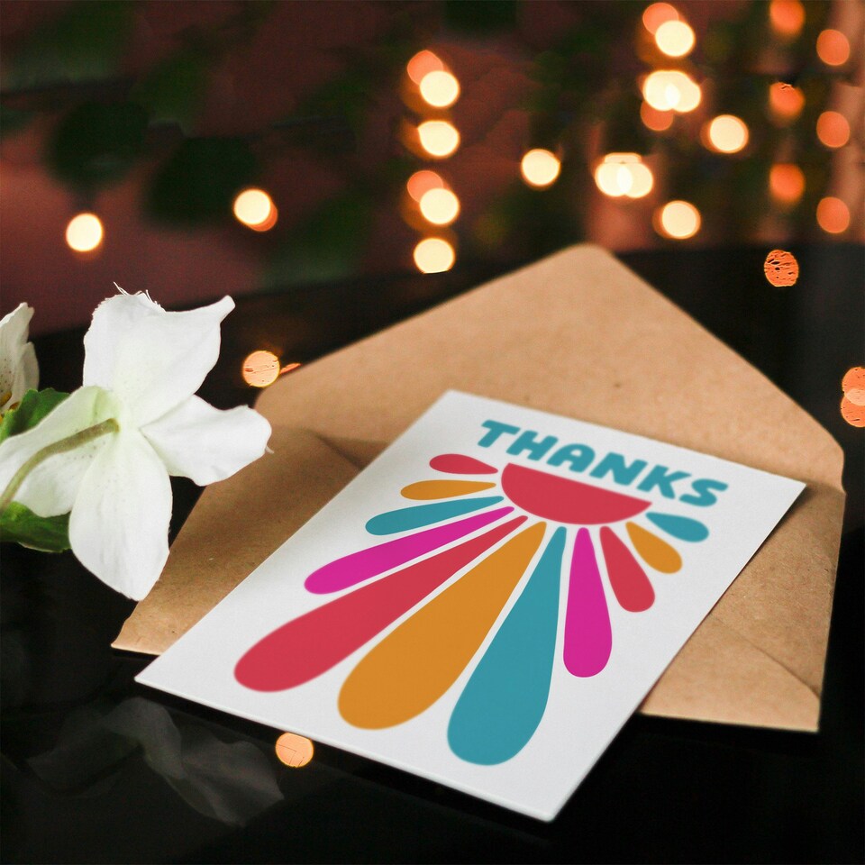 image 1 of Thank You Card Thanks Fun Blue Orange Pink Groovy Sun Design