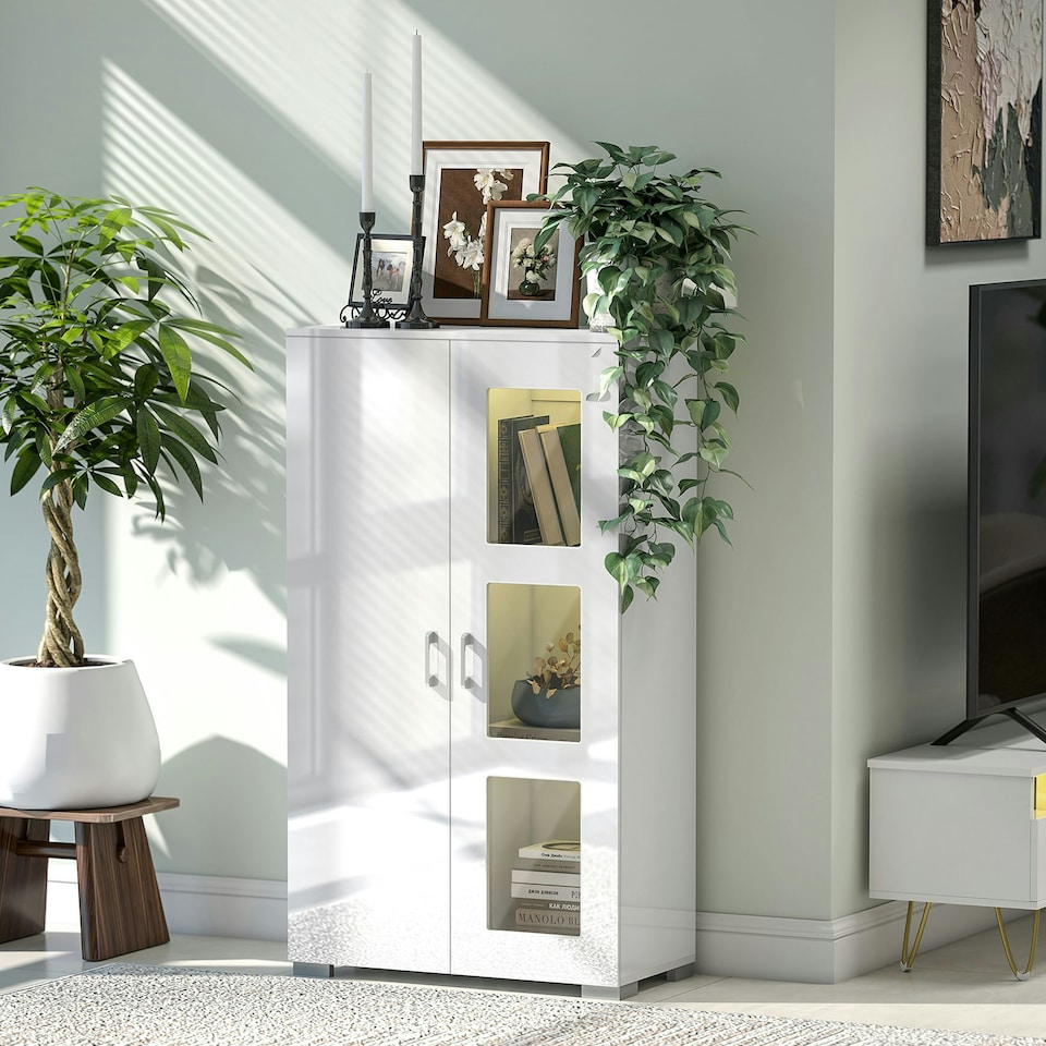 image 1 of HOMCOM Display Cabinet with Glass Shelves, Sideboard for Living Room, White | White