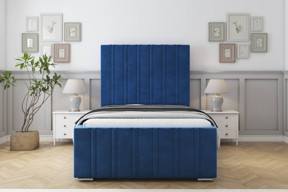 image 1 of Sloomy Radcliffe Navy Plush Bed Frame With 50" Upholstered Headboard 4'6 Double