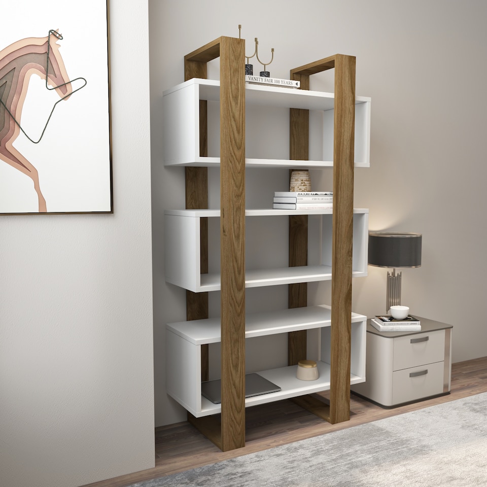 image 1 of Decorotika Reina Bookcase 3-tier H 150 cm x W 90 cm x D 33 cm | Multi | White and Walnut | 1