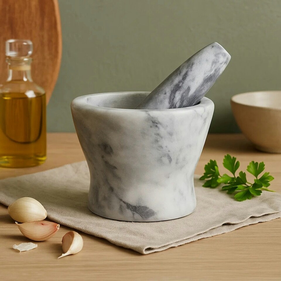 image 1 of Interiors By Premier Salerno Grey Marble Curved Mortar and Pestle, Durable 250ml Marble Grinder for Kitchen, Non-Porous