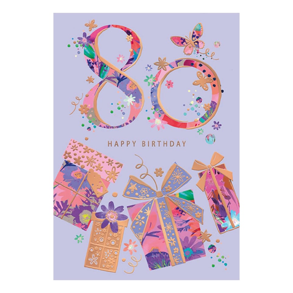 image 1 of Words 'n' Wishes 80th Birthday Card for Her, Patterned & Foiled Large Number With Presents, Multicoloured, 22 x 15.8 cms