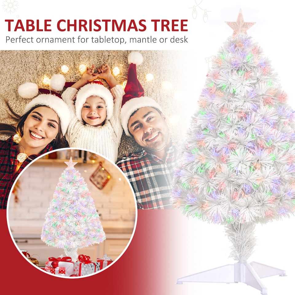 image 1 of HOMCOM 2.5ft Prelit Artificial Christmas Tree for Tabletop with Multicoloured Fibre Optics Small Xmas Decoration  White