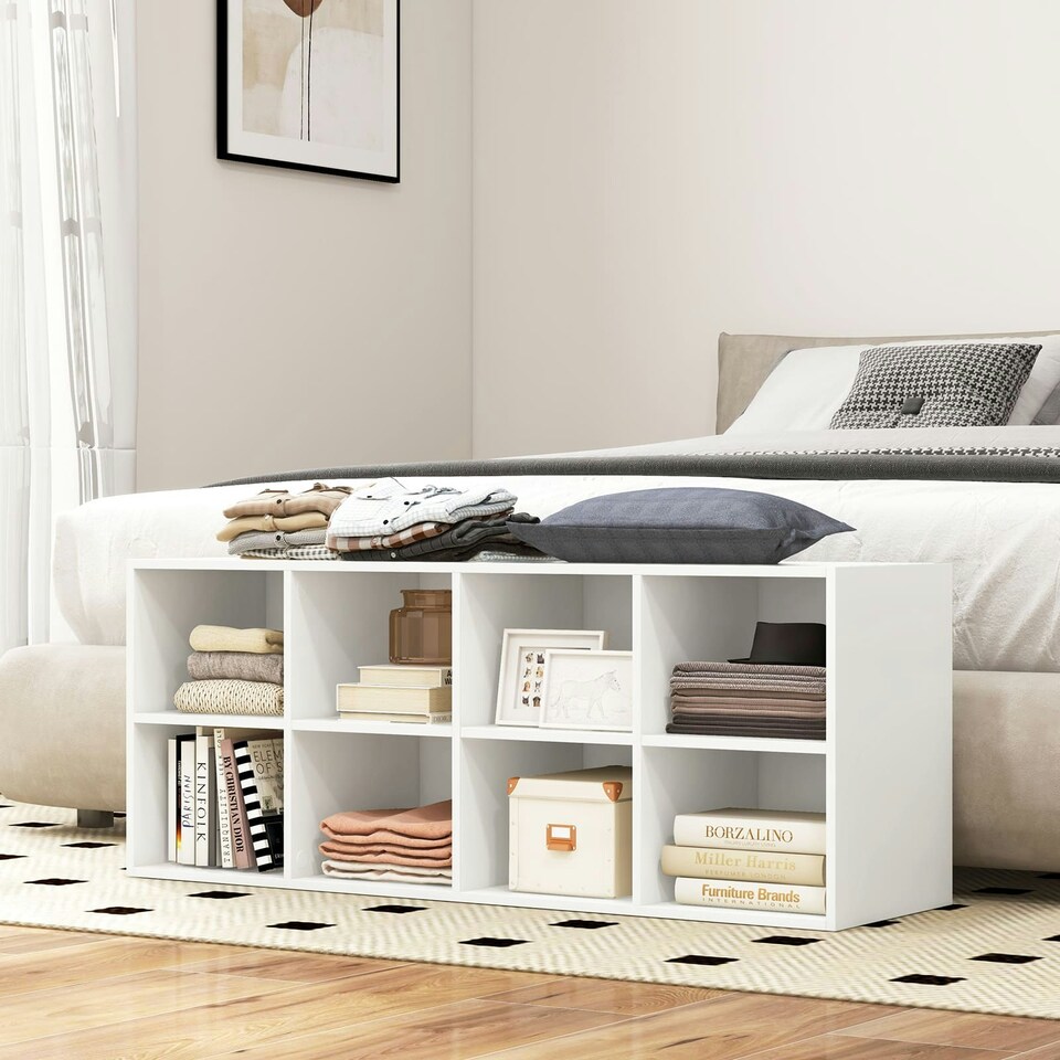 image 1 of COSTWAY 8 Grid Shoe Bench 2 in 1 Shoe Organizer Storage White White