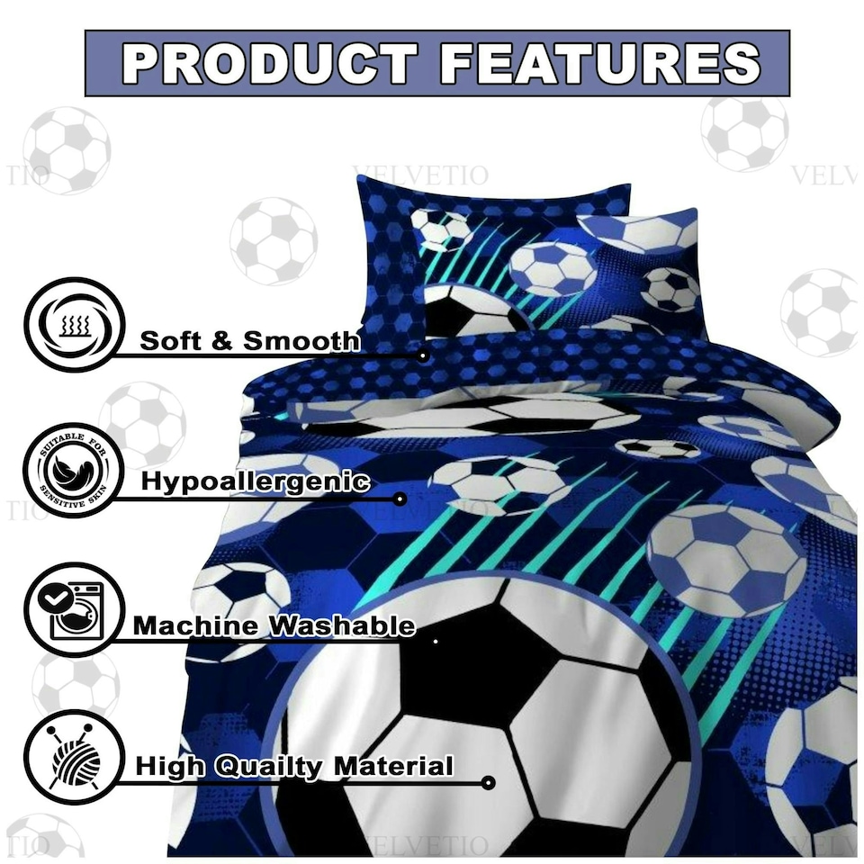 image 1 of VELVETIO Kids Football Fun Duvet Cover Set Printed Beddings Blue | Single