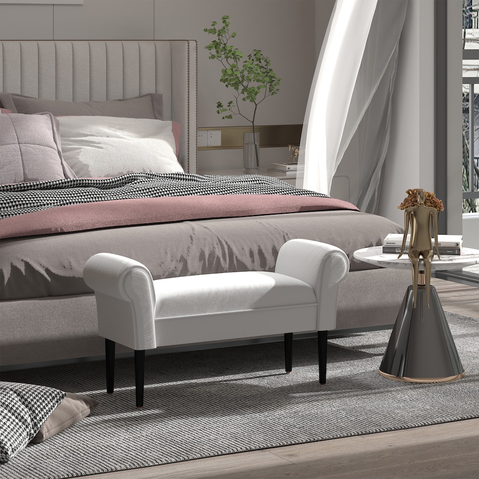 image 1 of HOMCOM Small Bench, Upholstered Window Seat with Arms and Wooden Legs, Modern Shoe Bench for Entryway, Living Room, Bedroom, Greyish White