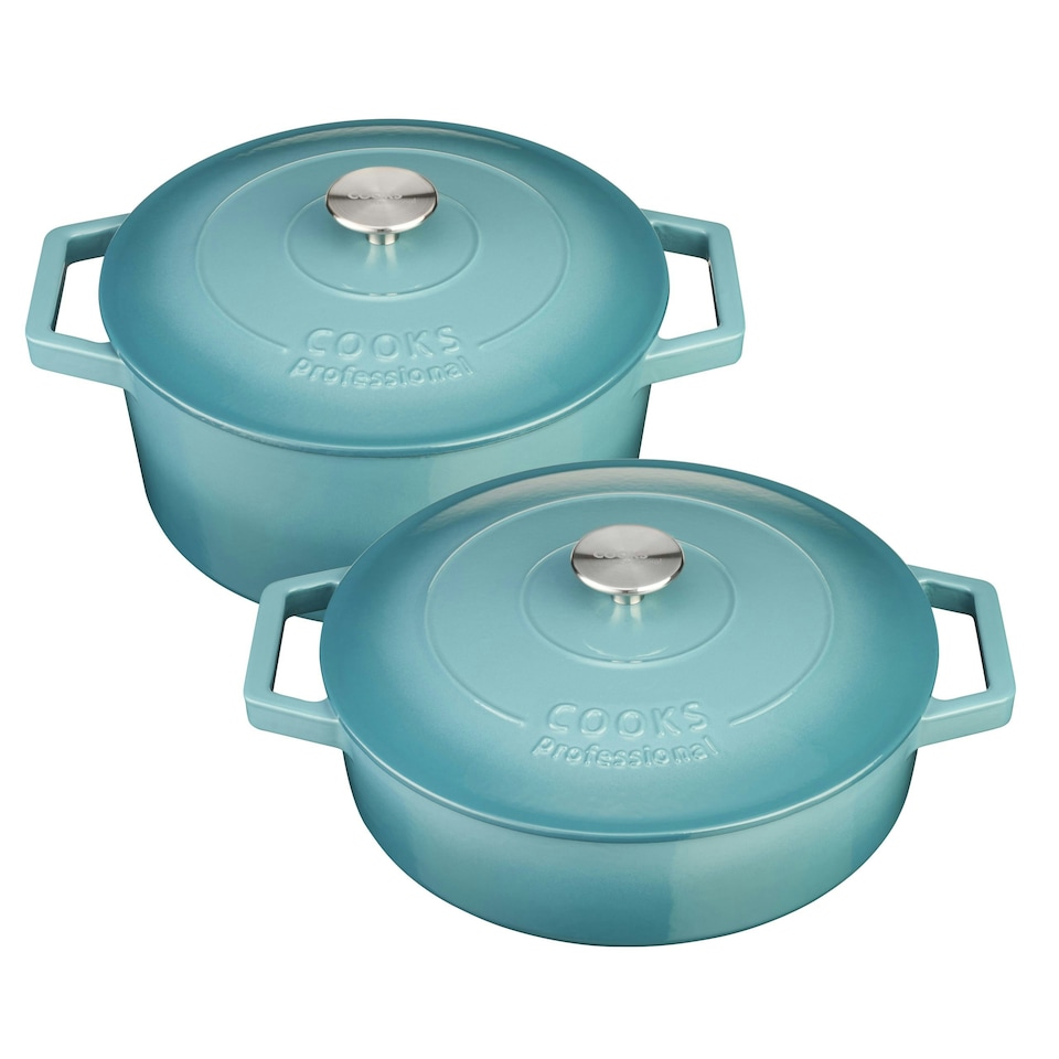 image 1 of Cooks Professional Cast Iron Casserole Set of 2 | 26cm and 28cm | Enamelled Inside and Out | Graduated Teal