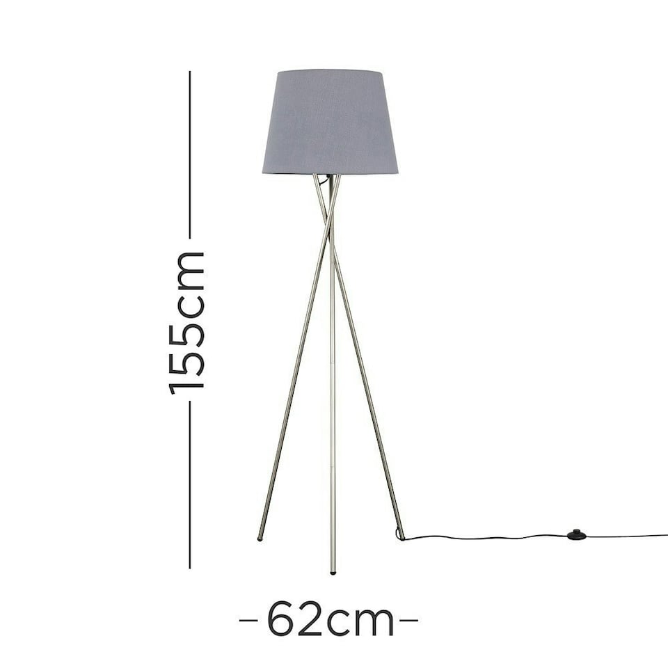 image 1 of ValueLights Camden Brushed Chrome Tripod Floor Lamp Grey Taper Shade & Bulb Grey