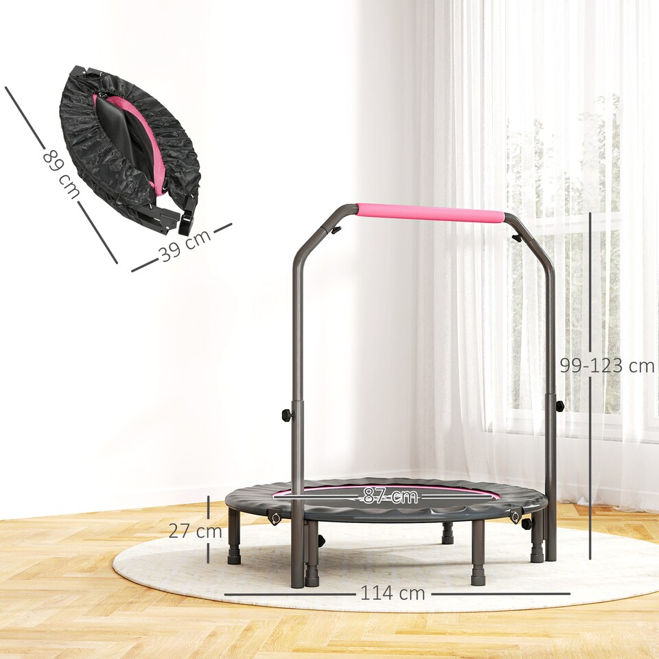 image 1 of HOMCOM 45" Foldable Mini Trampoline Fitness Trampoline Rebounder for Adults with Adjustable Foam Handle, for Indoors, Outdoors, Cardio Training, Pink | Pink