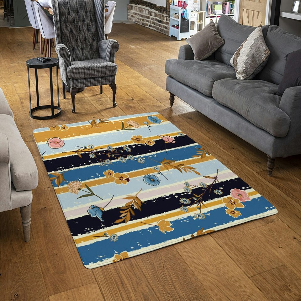 image 1 of Beautiful meadow flowers on candy colorful brush stripe (Rug) Multi | XL: 160x230cm